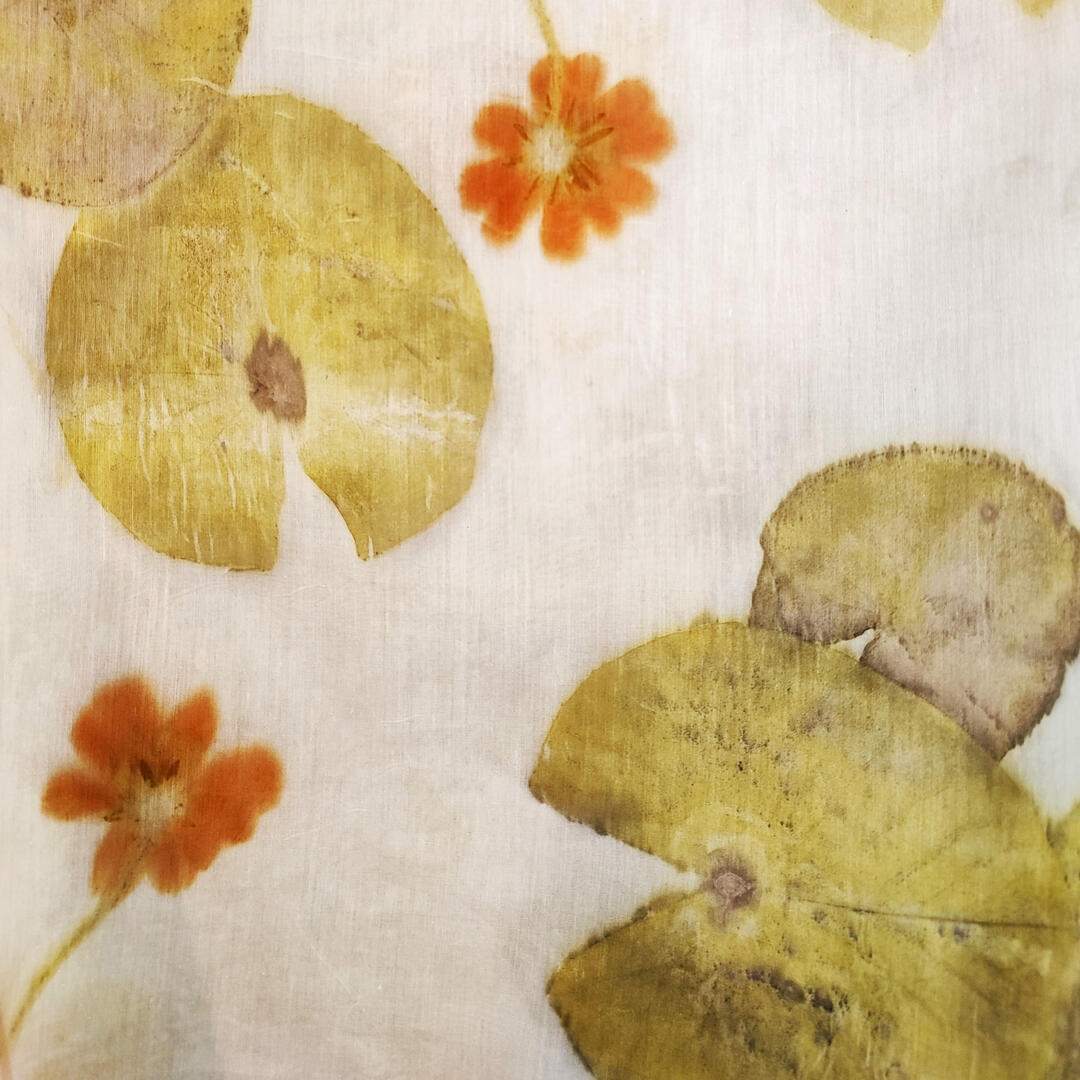 Impresión botánica - ECO print de nenúfares flores naranjas.